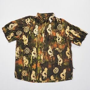 Mad Gringo Camp Shirt Men Large Green Brown Hawaiian Graphic Tribal Southwestern